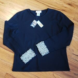 NWT Talbots Black Long Sleeve Sweater W/ Pearl Beaded Cuff Size: PM
